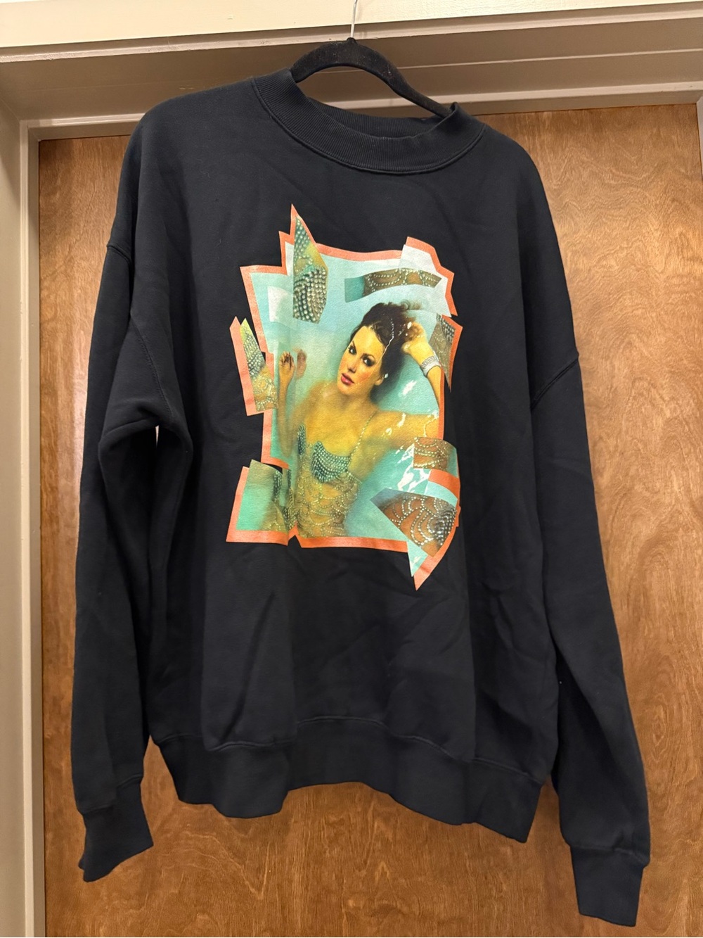 Taylor Swift Black Crewneck Sweatshirt with Teal & Coral Retro Photo Print